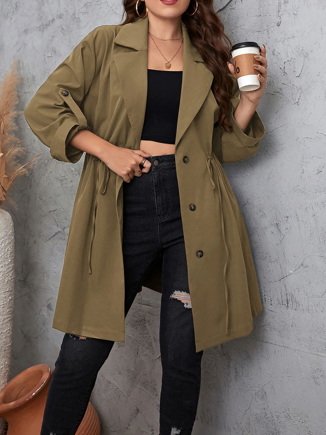 Honey Plus Size Lapel Collar Drawstring Roll-Tab Sleeve Trench Coat - Image 6