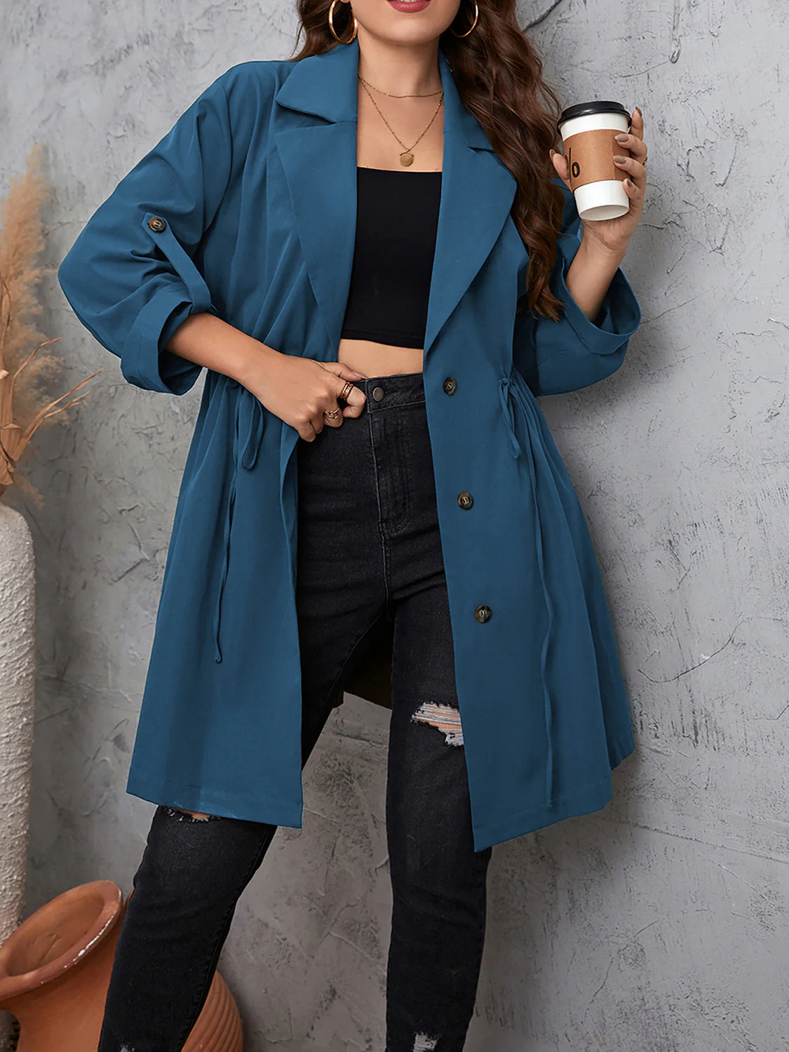 Honey Plus Size Lapel Collar Drawstring Roll-Tab Sleeve Trench Coat - Image 8