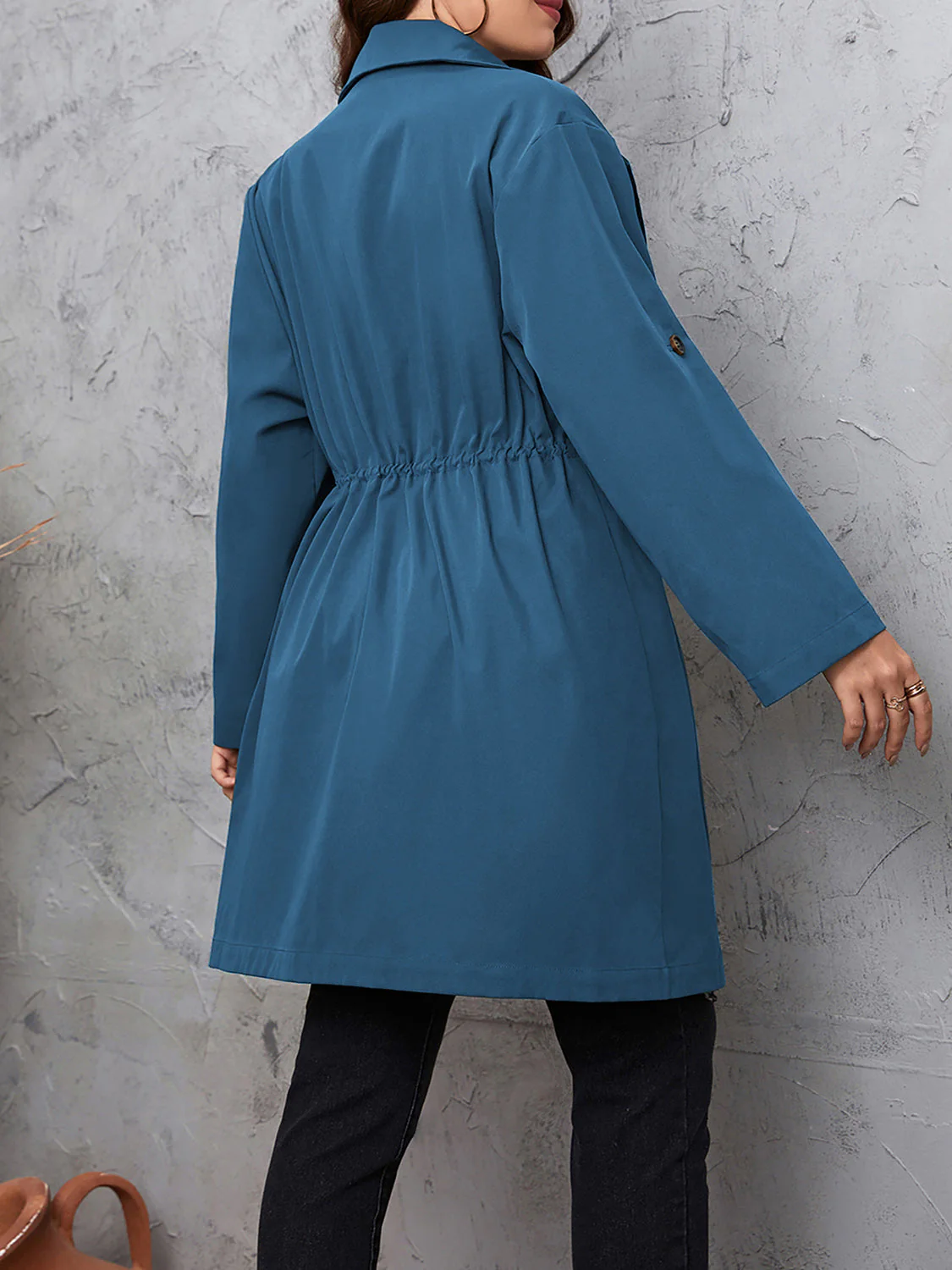 Honey Plus Size Lapel Collar Drawstring Roll-Tab Sleeve Trench Coat - Image 9