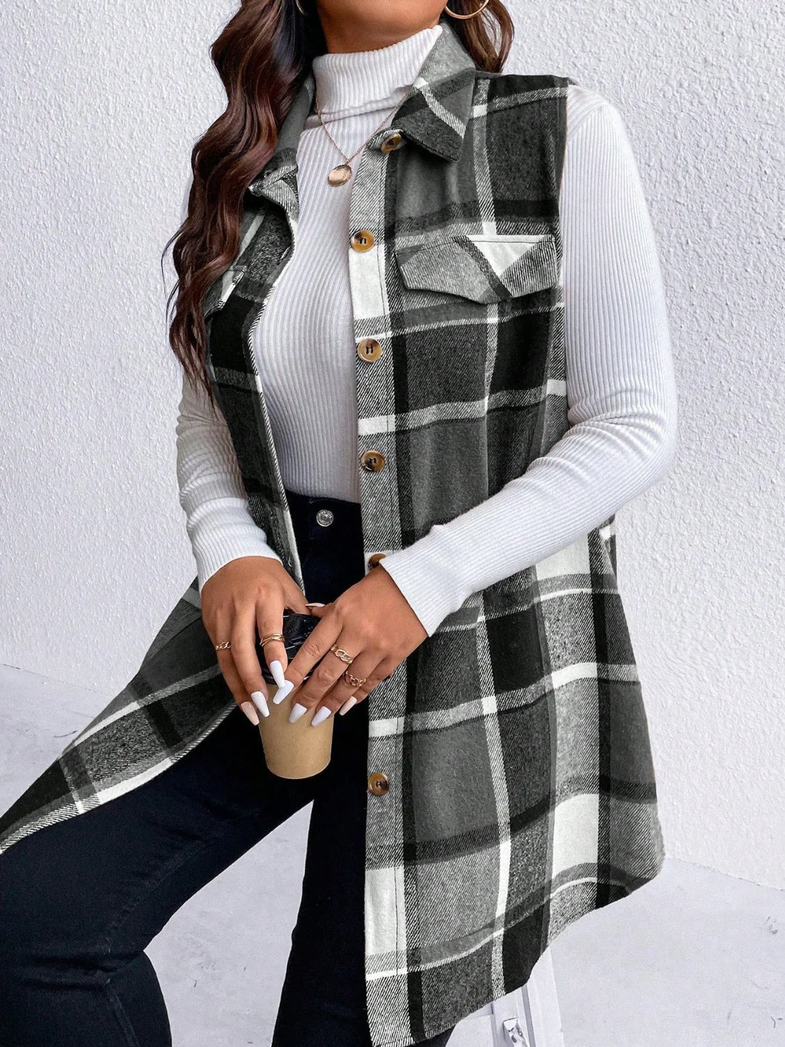Honey Plus Size Pocketed Plaid Button Up Vest Coat - Image 10