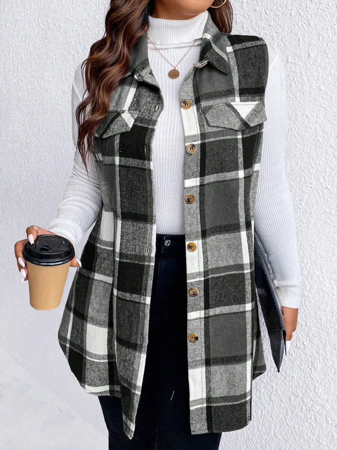 Honey Plus Size Pocketed Plaid Button Up Vest Coat - Image 11