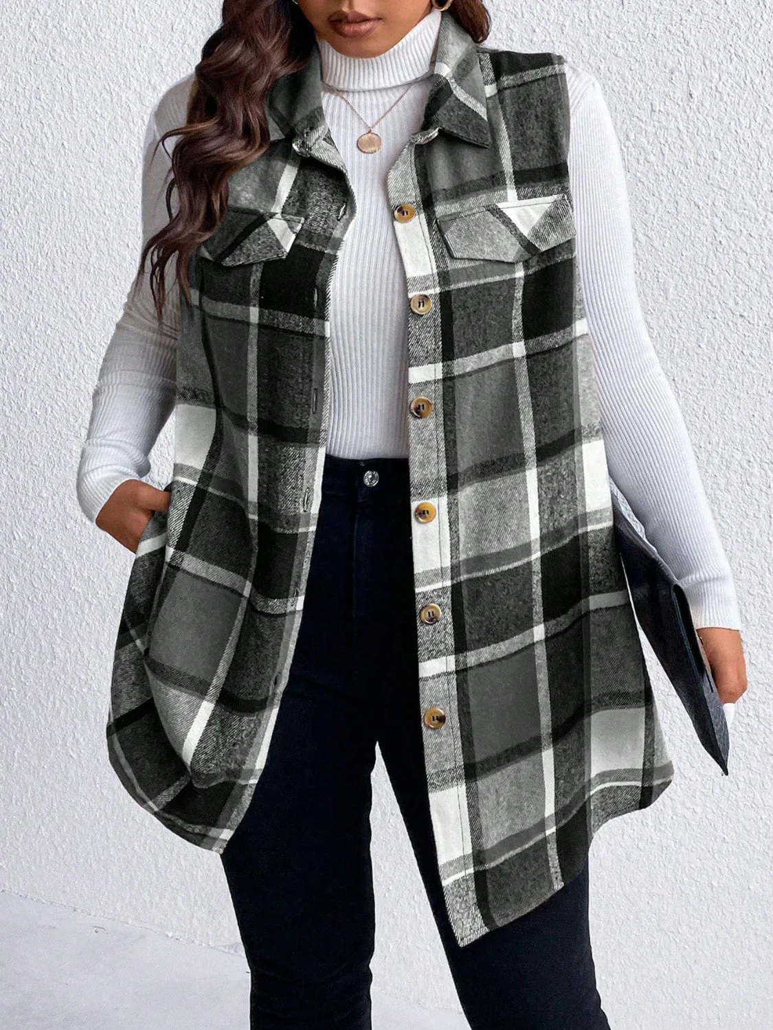 Honey Plus Size Pocketed Plaid Button Up Vest Coat - Image 12