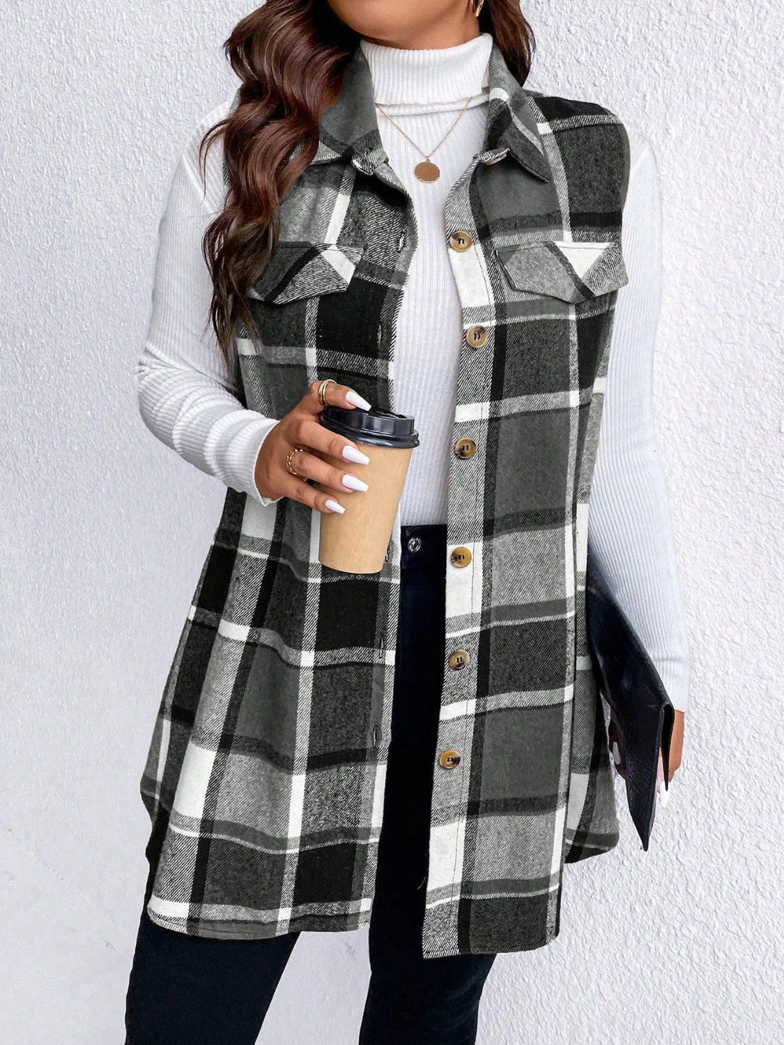 Honey Plus Size Pocketed Plaid Button Up Vest Coat - Image 13