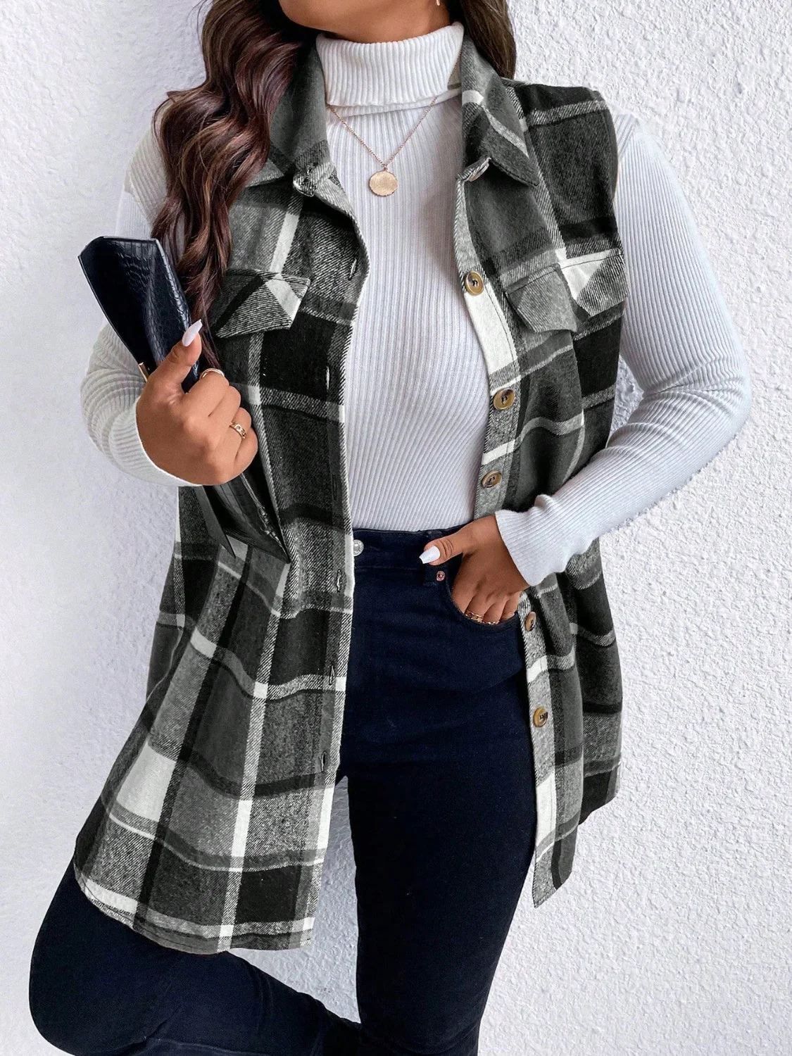 Honey Plus Size Pocketed Plaid Button Up Vest Coat - Image 14