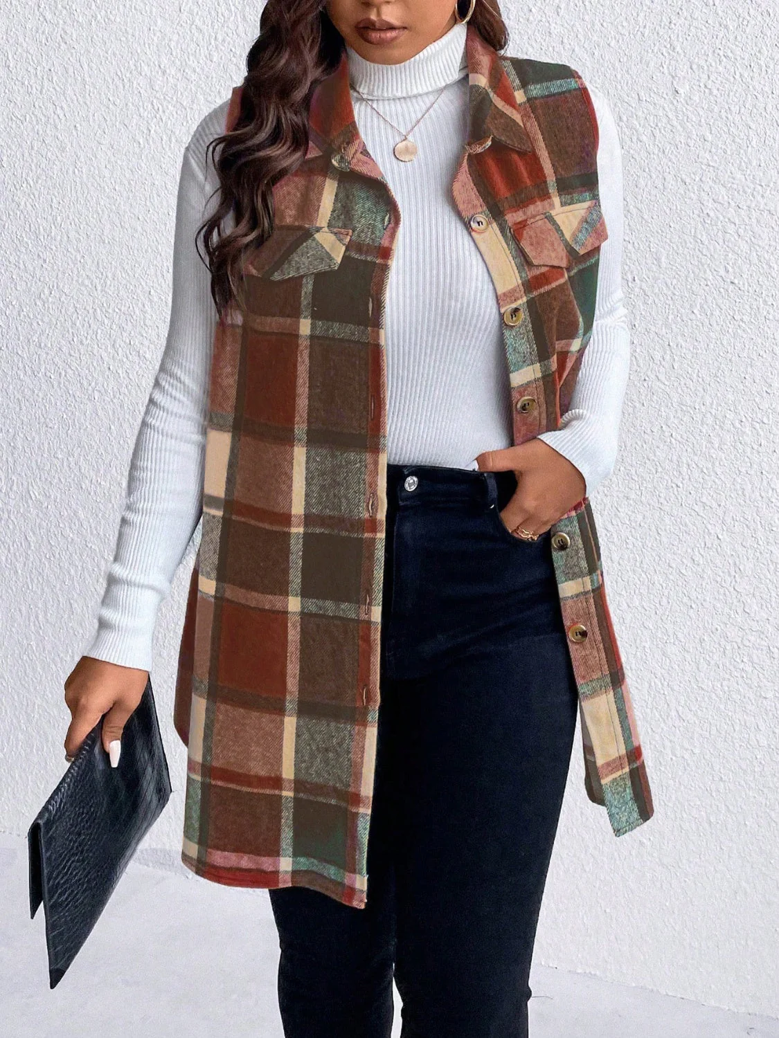 Honey Plus Size Pocketed Plaid Button Up Vest Coat - Image 15