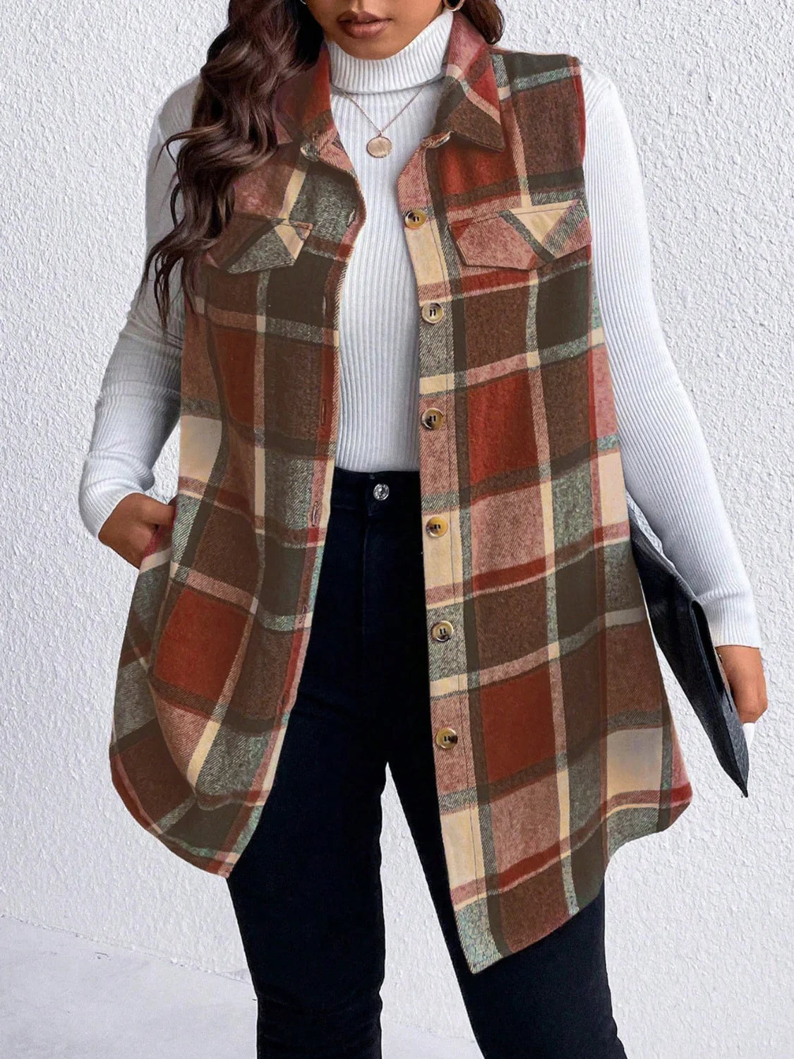 Honey Plus Size Pocketed Plaid Button Up Vest Coat - Image 16