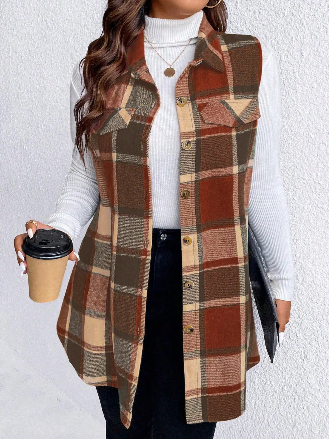 Honey Plus Size Pocketed Plaid Button Up Vest Coat - Image 17