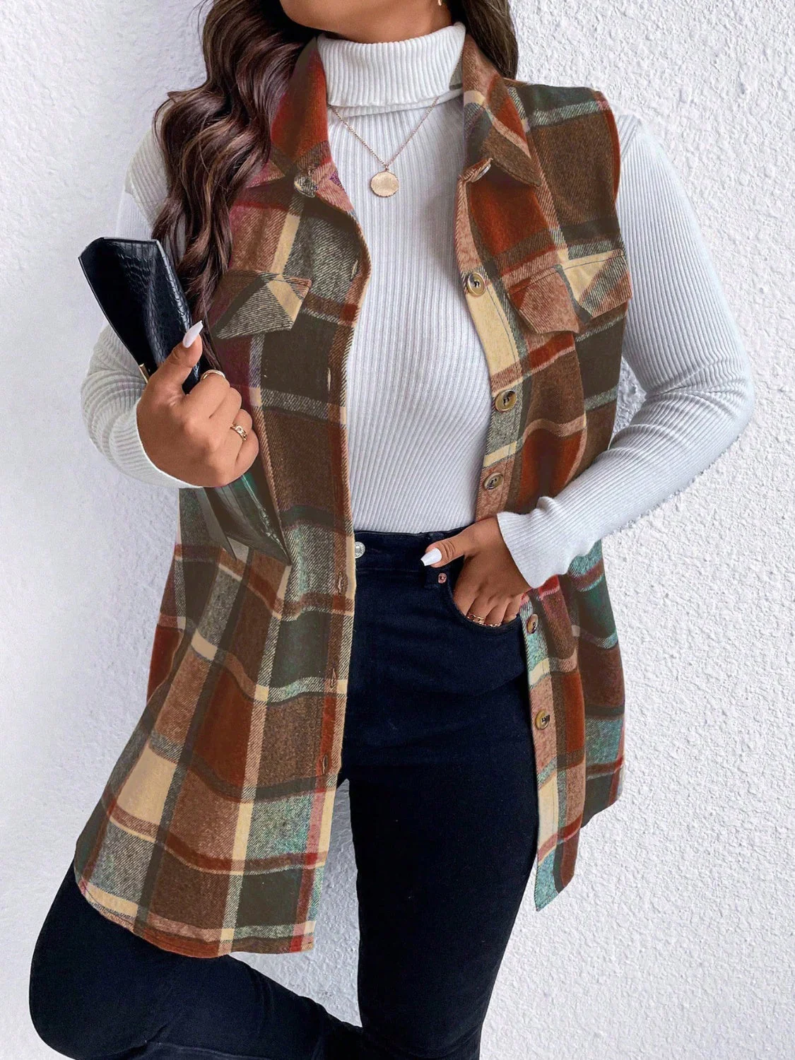 Honey Plus Size Pocketed Plaid Button Up Vest Coat - Image 18