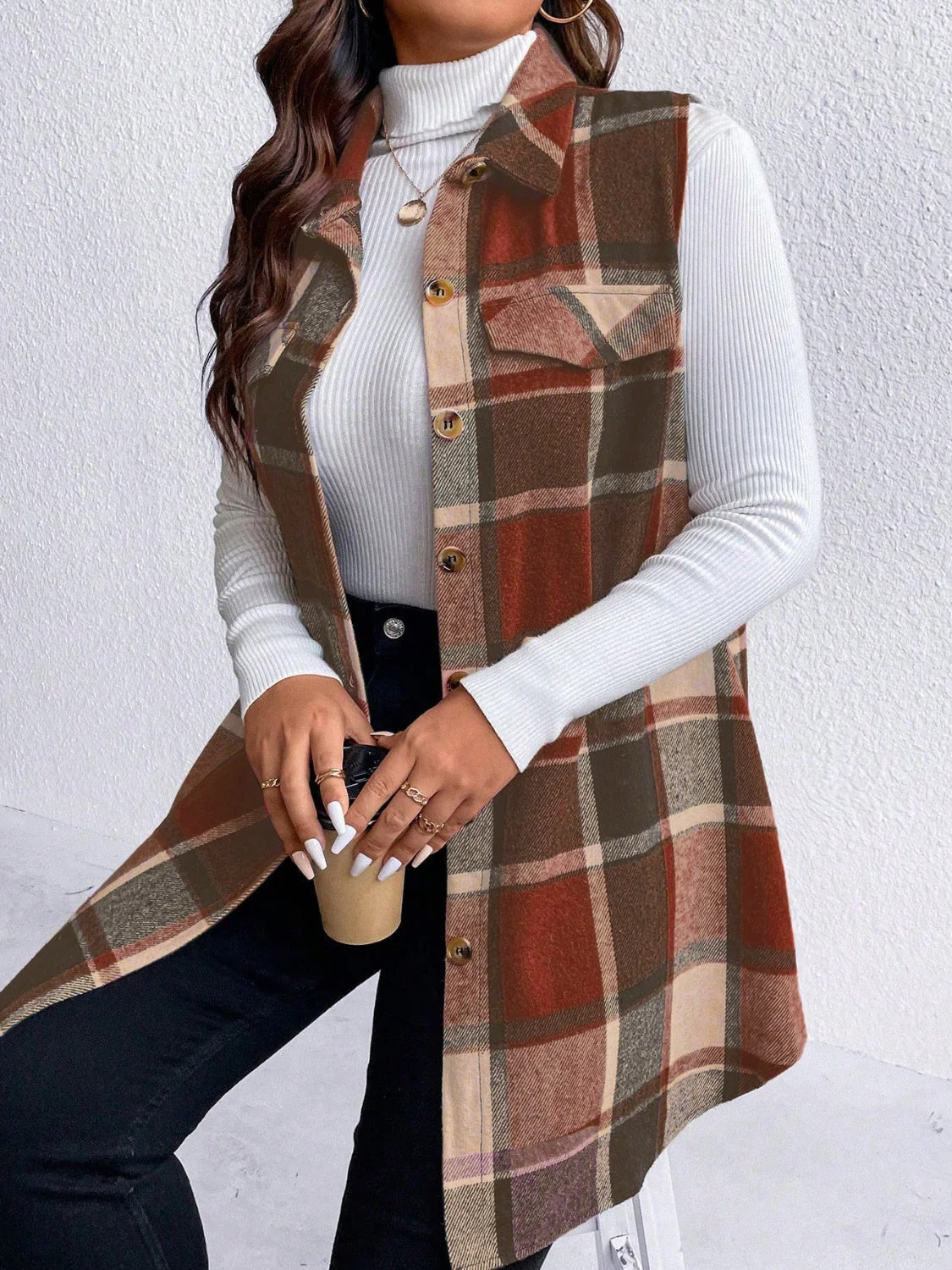 Honey Plus Size Pocketed Plaid Button Up Vest Coat - Image 19