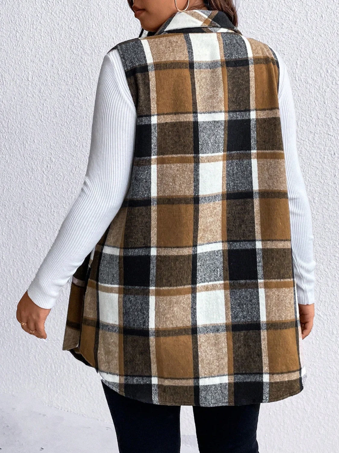 Honey Plus Size Pocketed Plaid Button Up Vest Coat - Image 2