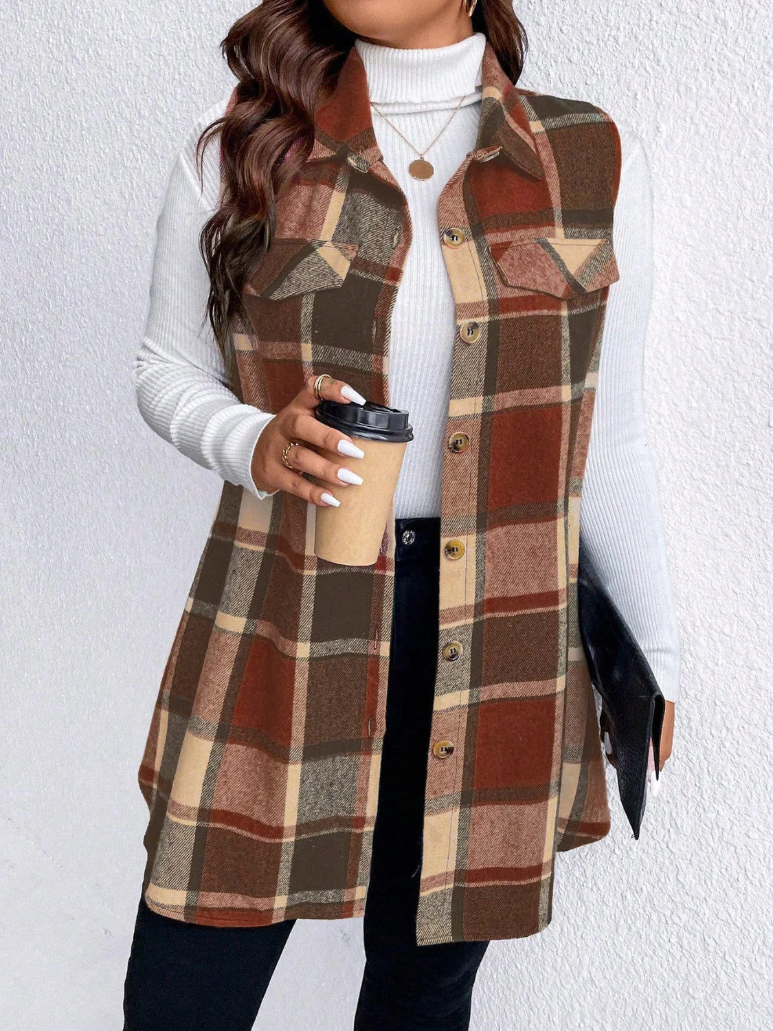 Honey Plus Size Pocketed Plaid Button Up Vest Coat - Image 21