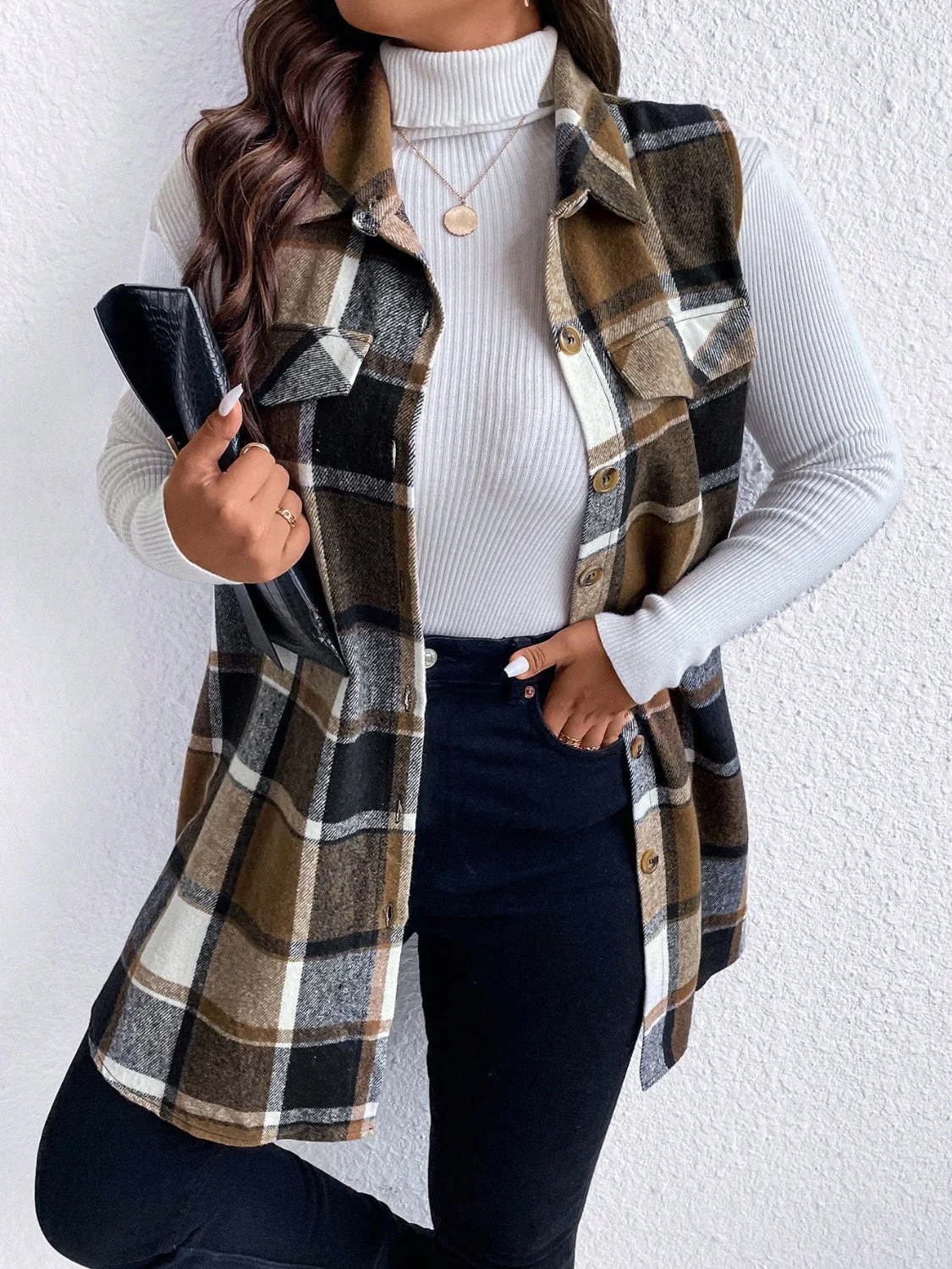 Honey Plus Size Pocketed Plaid Button Up Vest Coat - Image 3