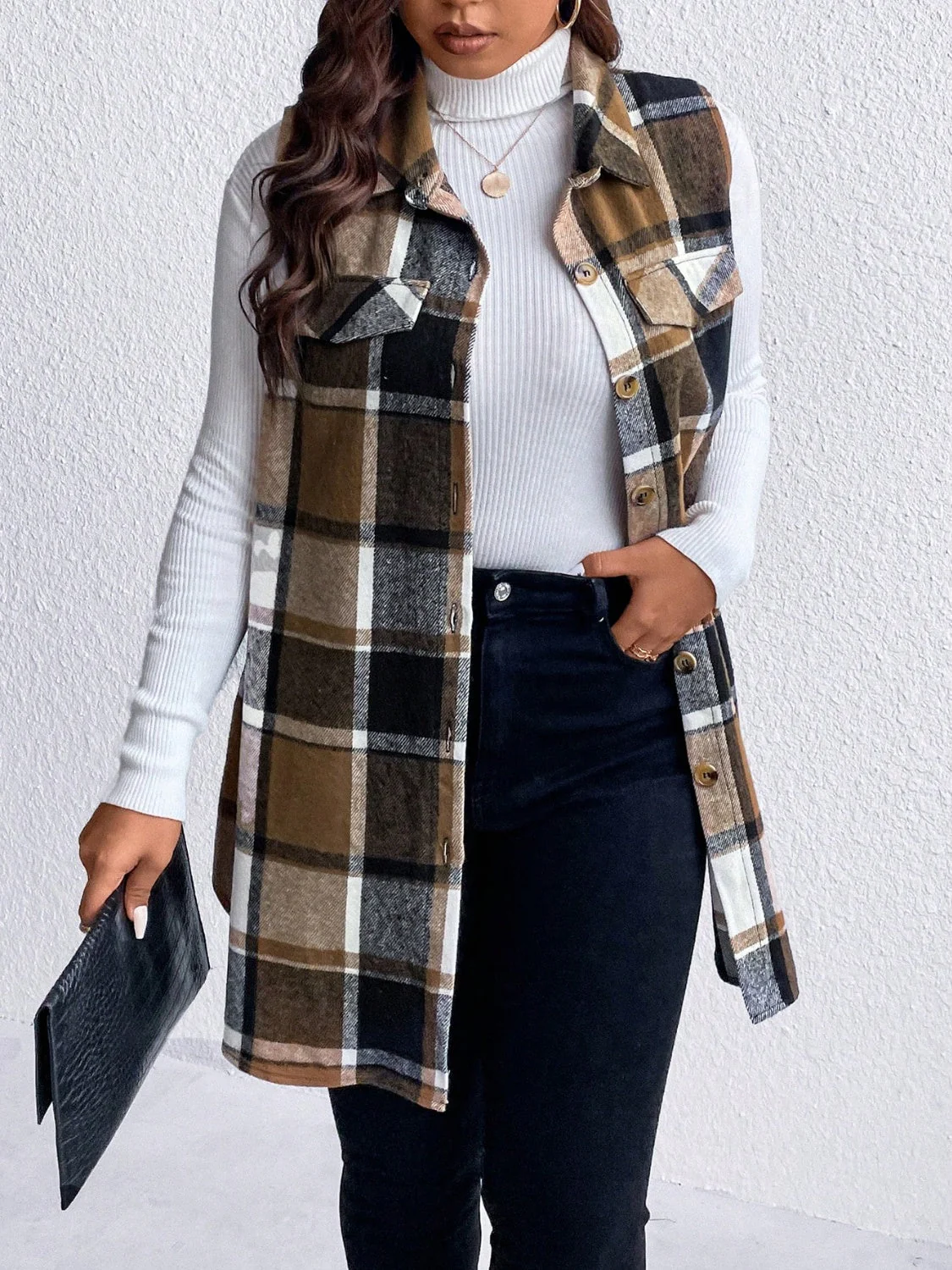 Honey Plus Size Pocketed Plaid Button Up Vest Coat - Image 4