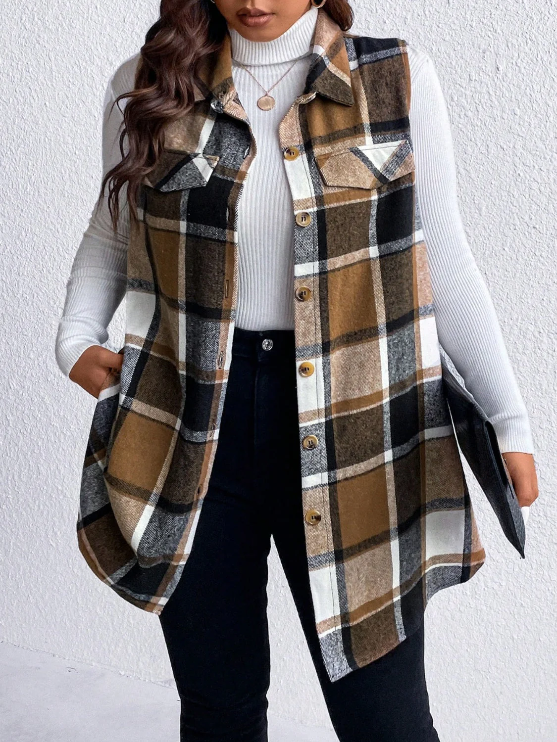 Honey Plus Size Pocketed Plaid Button Up Vest Coat - Image 5