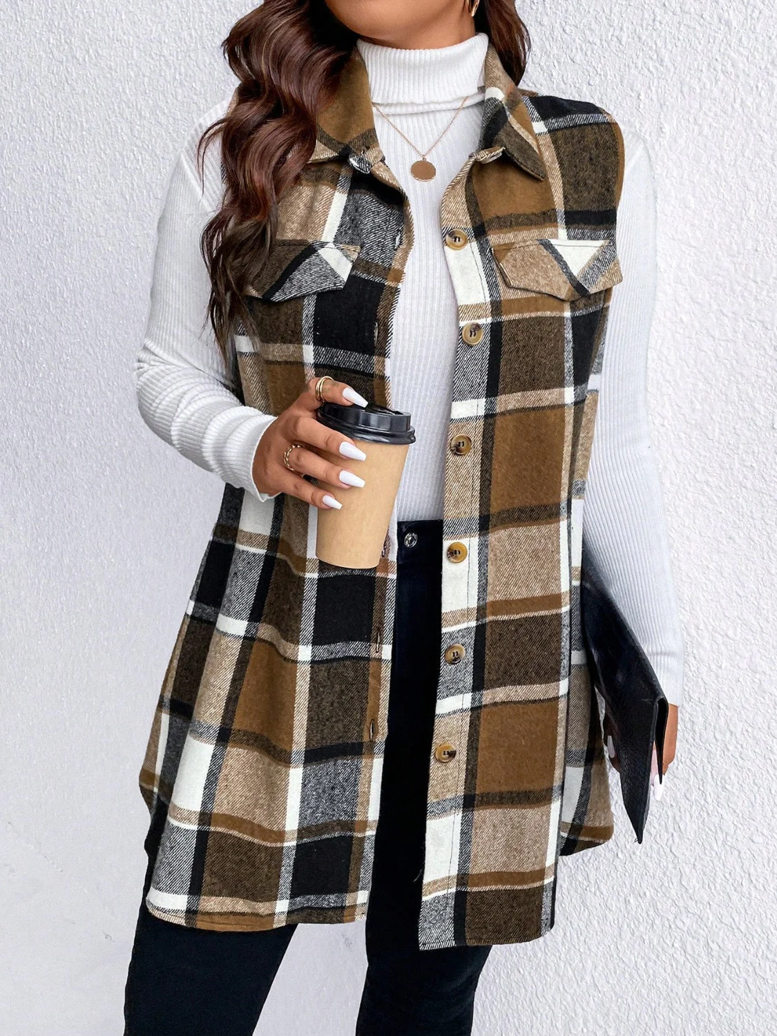 Honey Plus Size Pocketed Plaid Button Up Vest Coat - Image 6