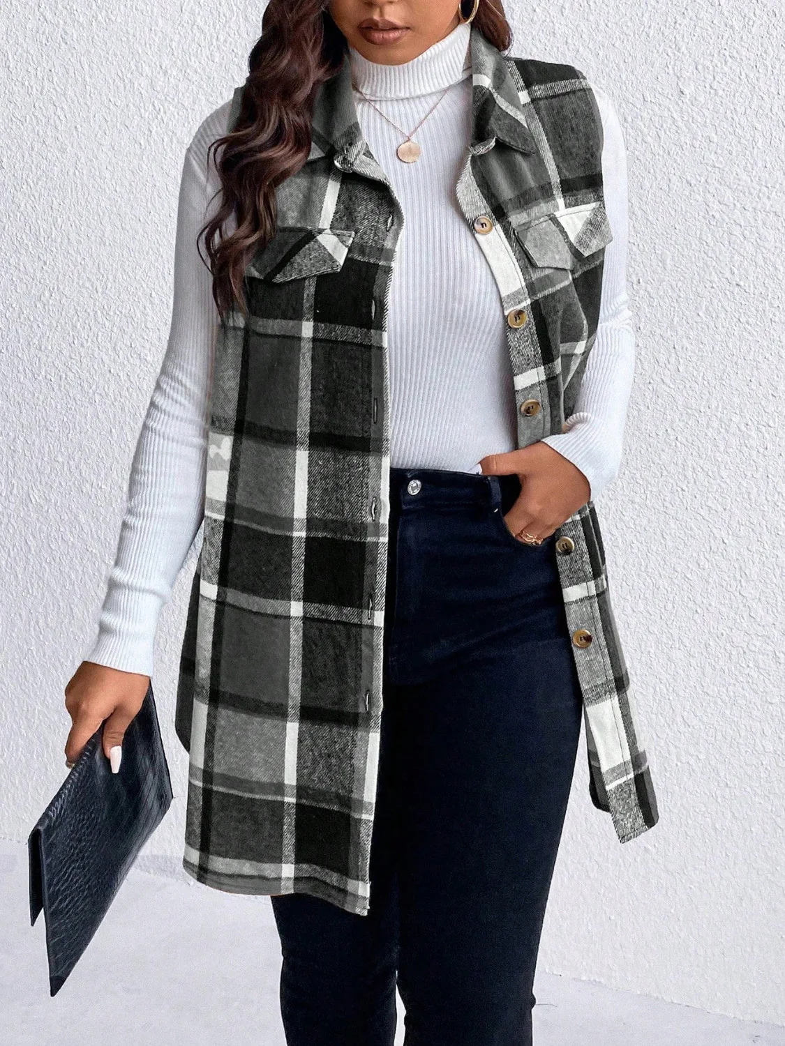Honey Plus Size Pocketed Plaid Button Up Vest Coat - Image 8