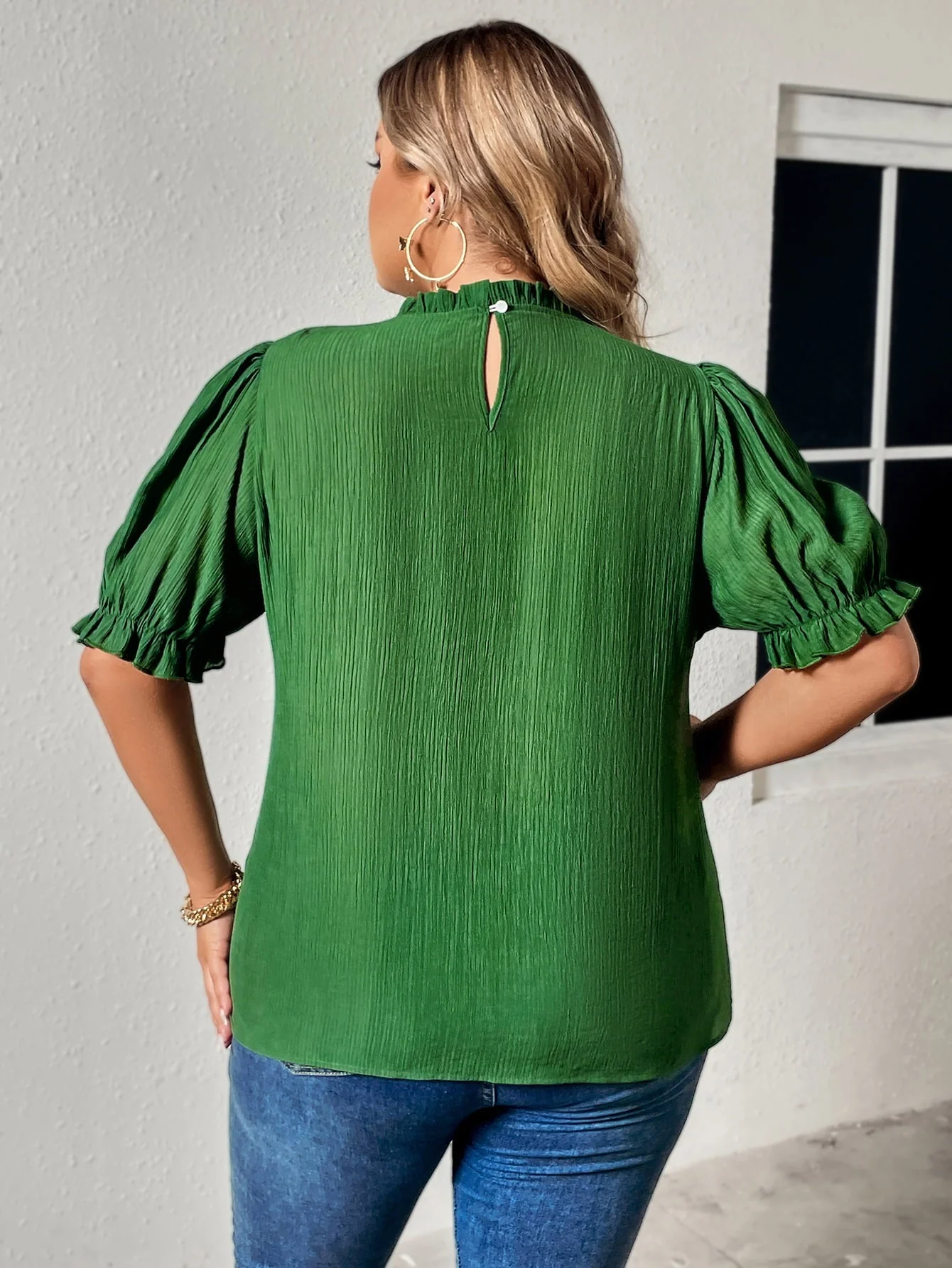 Honey Plus Size Round Neck Flounce Sleeve Blouse - Image 2
