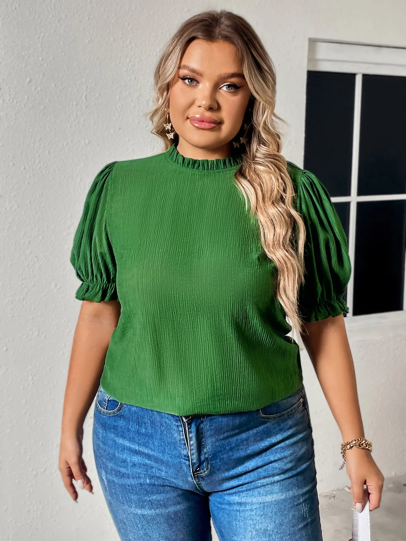 Honey Plus Size Round Neck Flounce Sleeve Blouse - Image 3