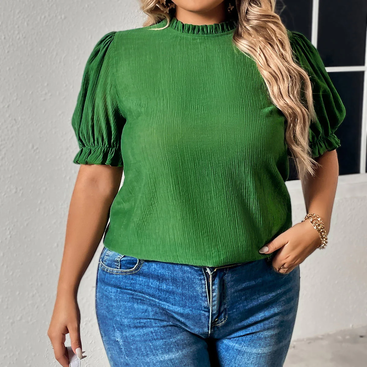 Honey Plus Size Round Neck Flounce Sleeve Blouse - Image 4