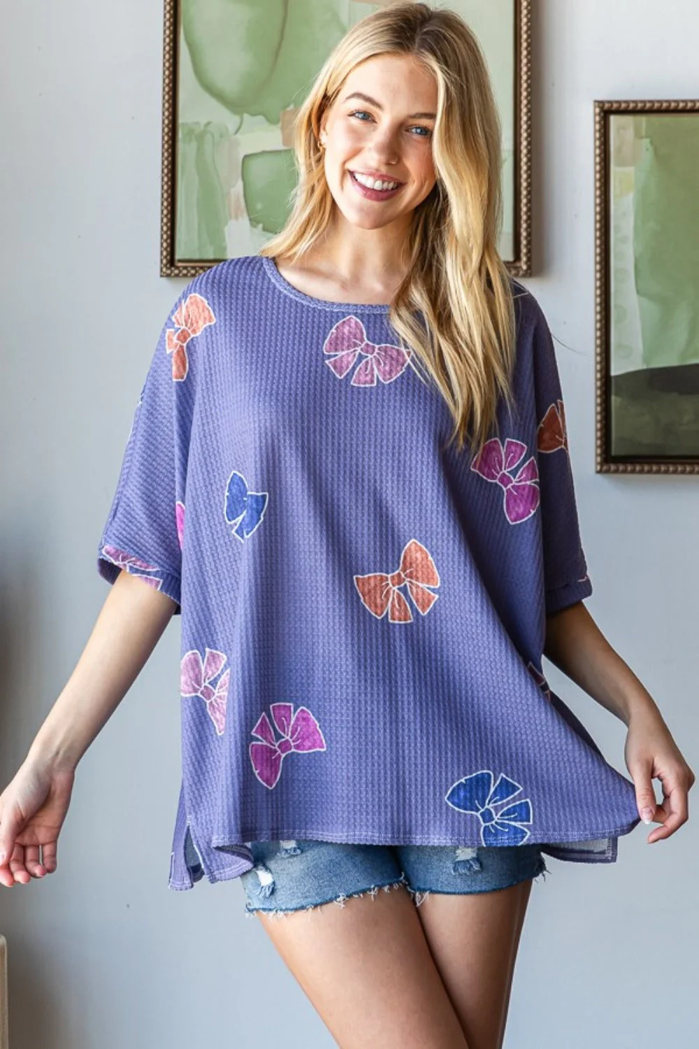 HOPELY Bow Print Waffle Side Slit T-Shirt - Image 3