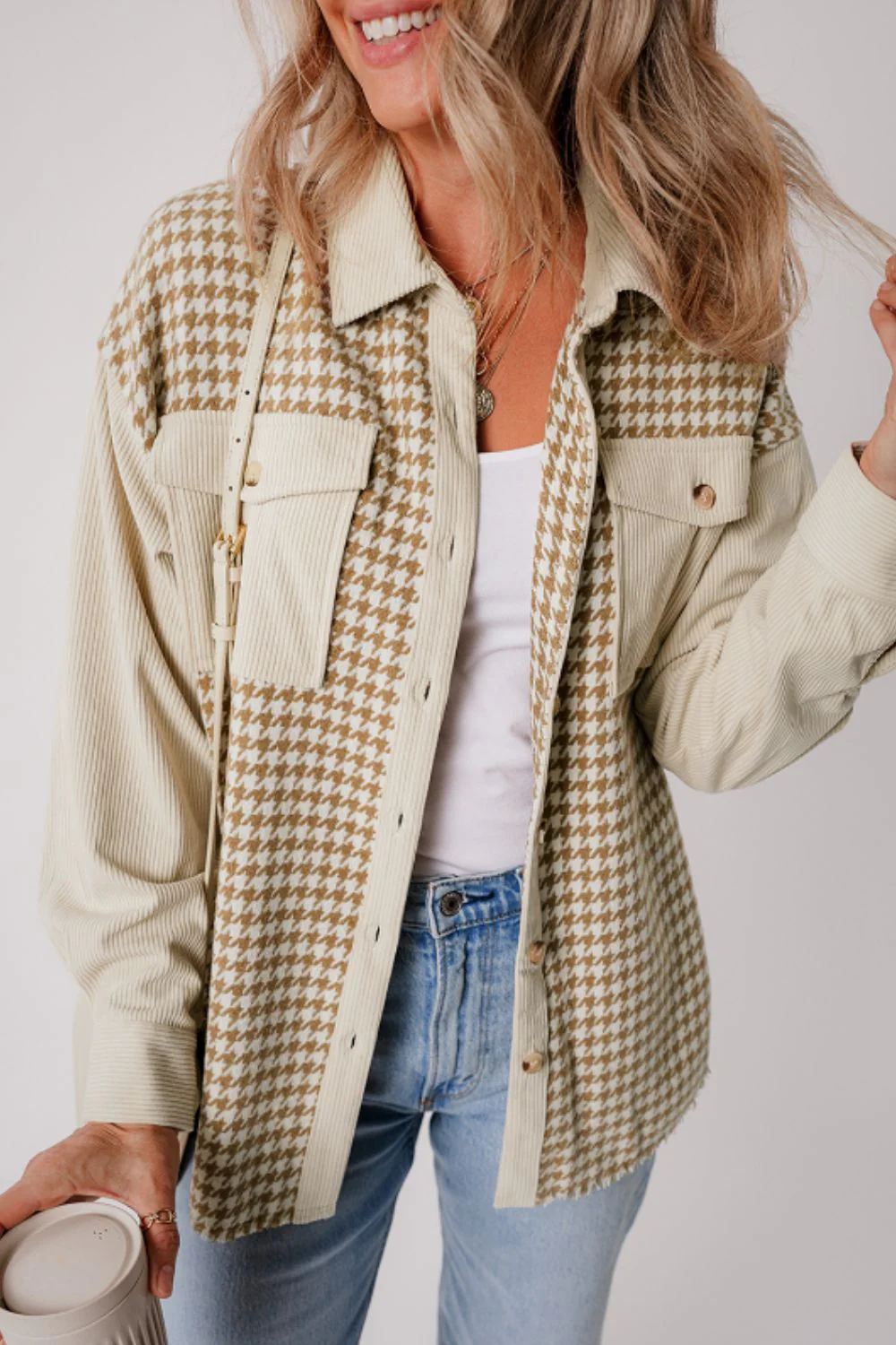 Houndstooth Button Up Long Sleeve Jacket - Image 2