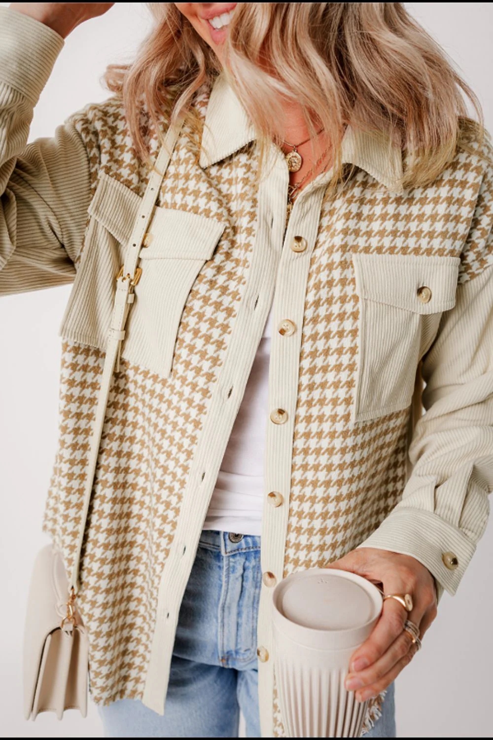 Houndstooth Button Up Long Sleeve Jacket - Image 3