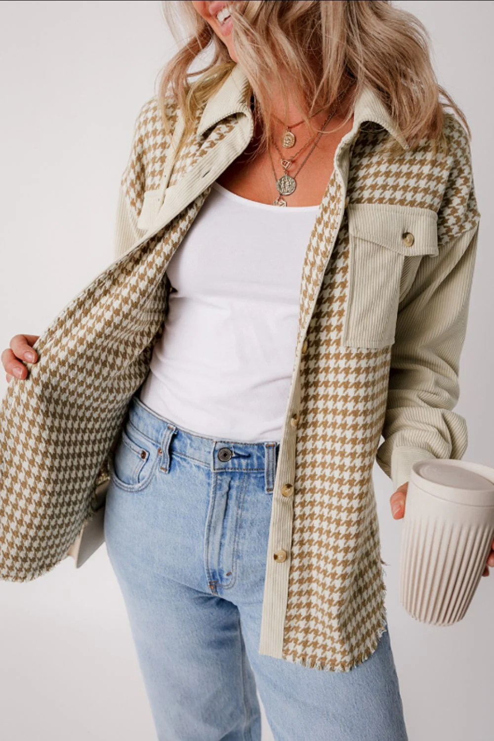 Houndstooth Button Up Long Sleeve Jacket - Image 4