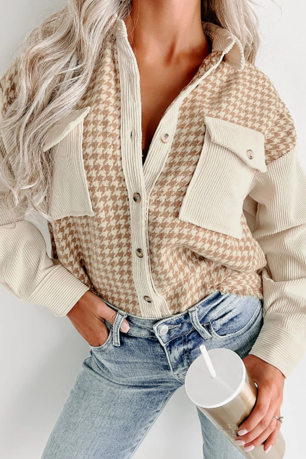 Houndstooth Button Up Long Sleeve Jacket - Image 5