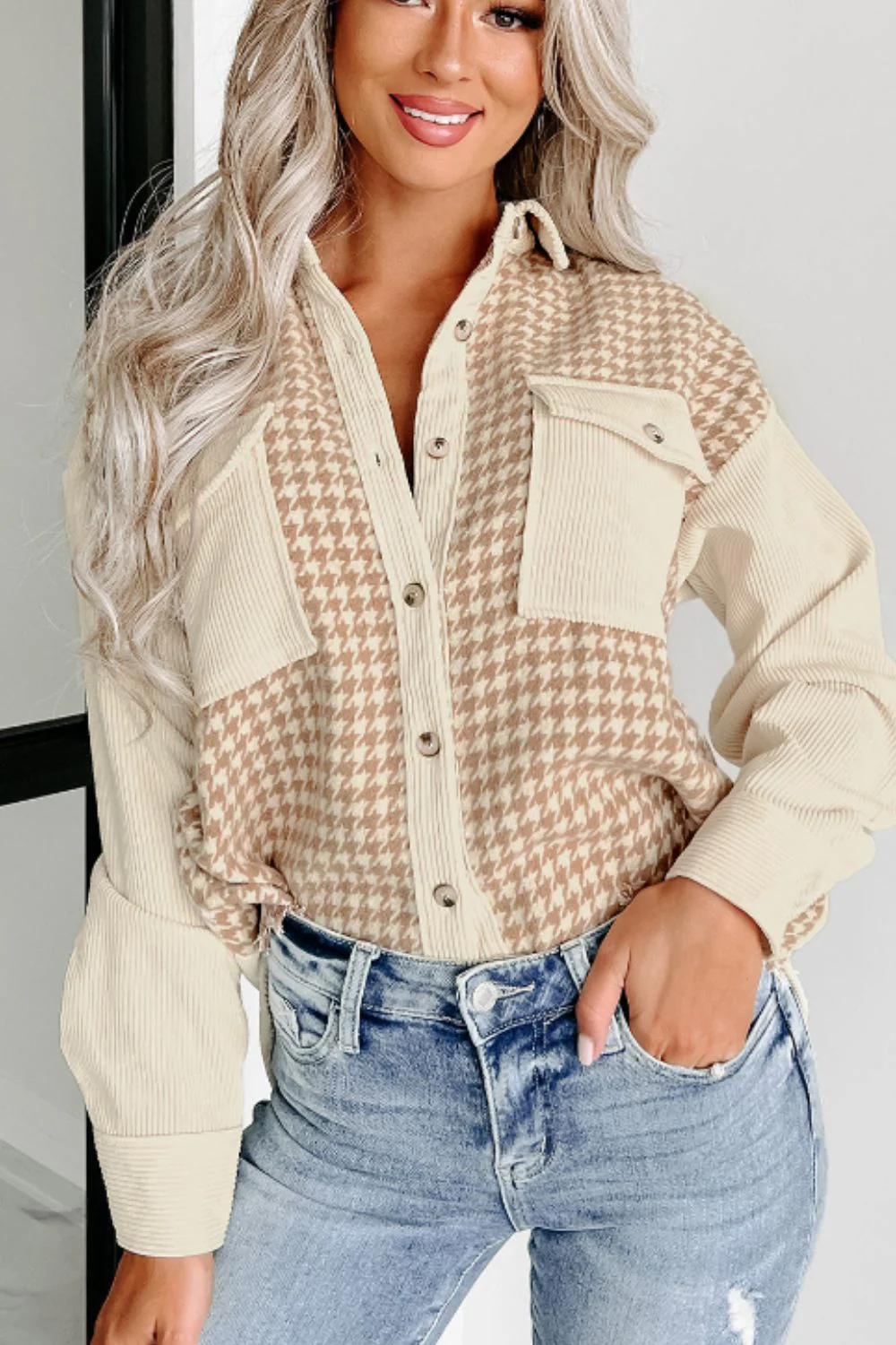 Houndstooth Button Up Long Sleeve Jacket - Image 6