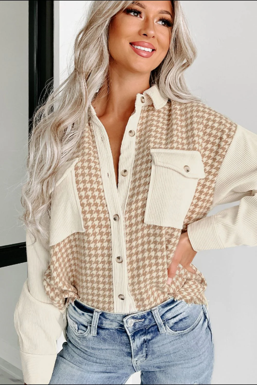 Houndstooth Button Up Long Sleeve Jacket - Image 7