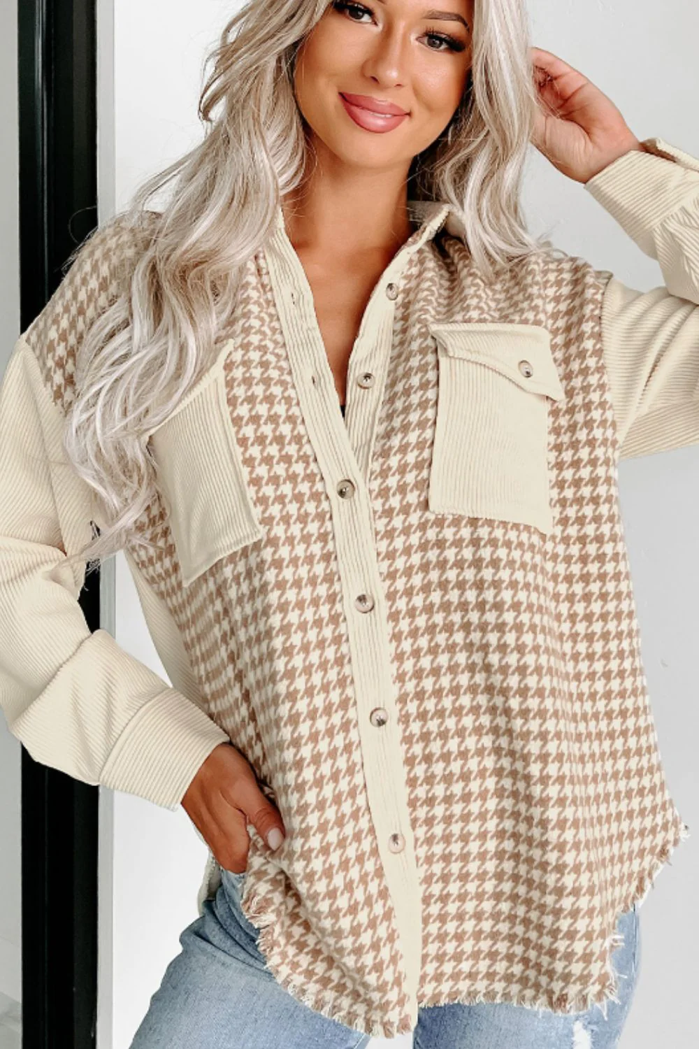 Houndstooth Button Up Long Sleeve Jacket - Image 8