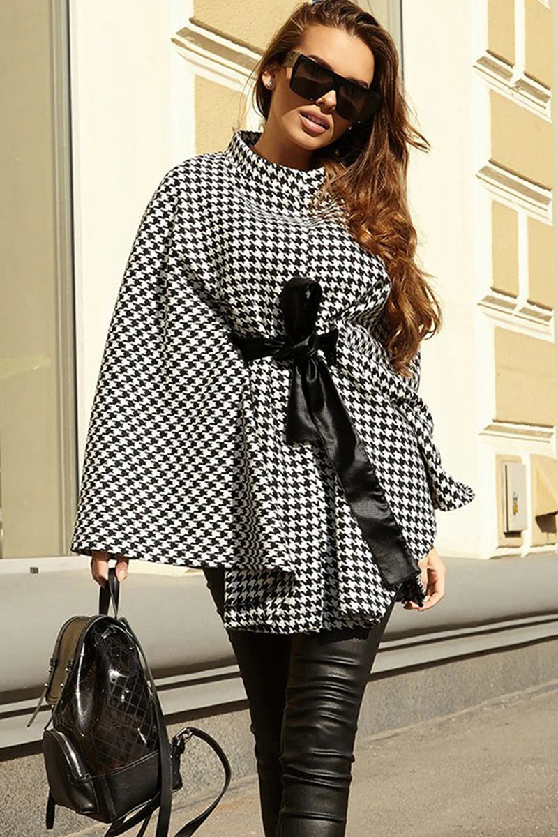 Houndstooth Tie Waist Trench Coat - Image 3