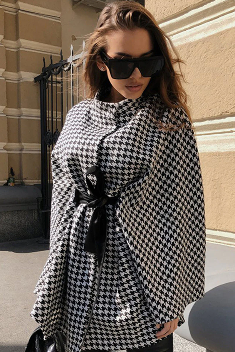 Houndstooth Tie Waist Trench Coat - Image 4