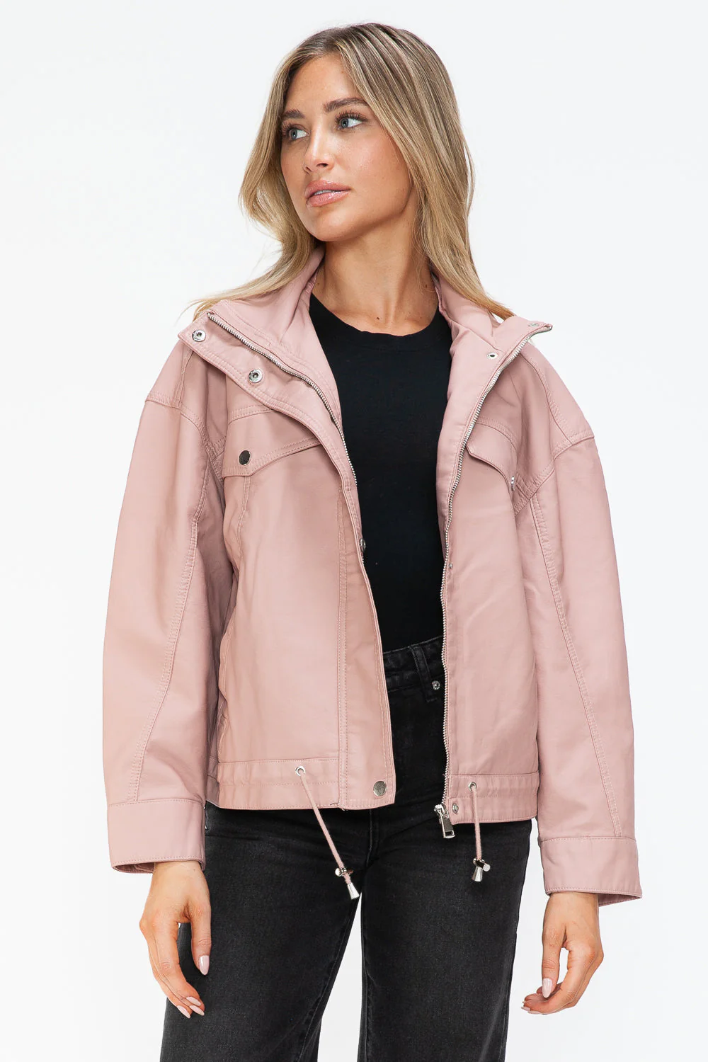 How Dare U Drawstring Hem PU Leather Zip Up Jacket - Image 10