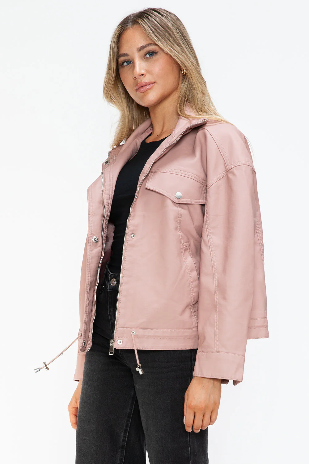 How Dare U Drawstring Hem PU Leather Zip Up Jacket - Image 11
