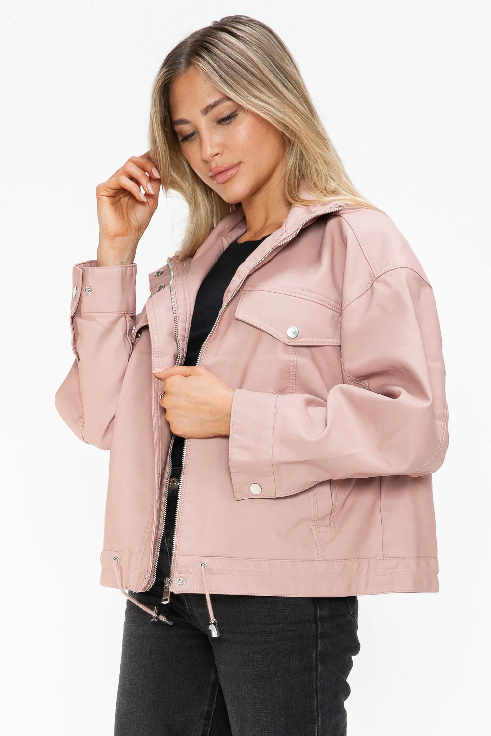 How Dare U Drawstring Hem PU Leather Zip Up Jacket - Image 12