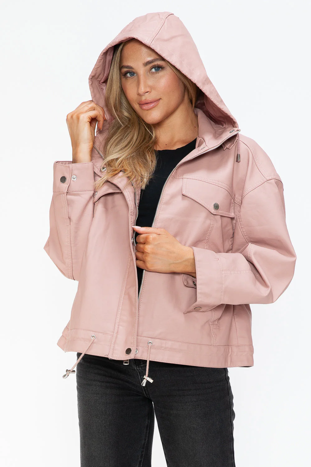 How Dare U Drawstring Hem PU Leather Zip Up Jacket - Image 14