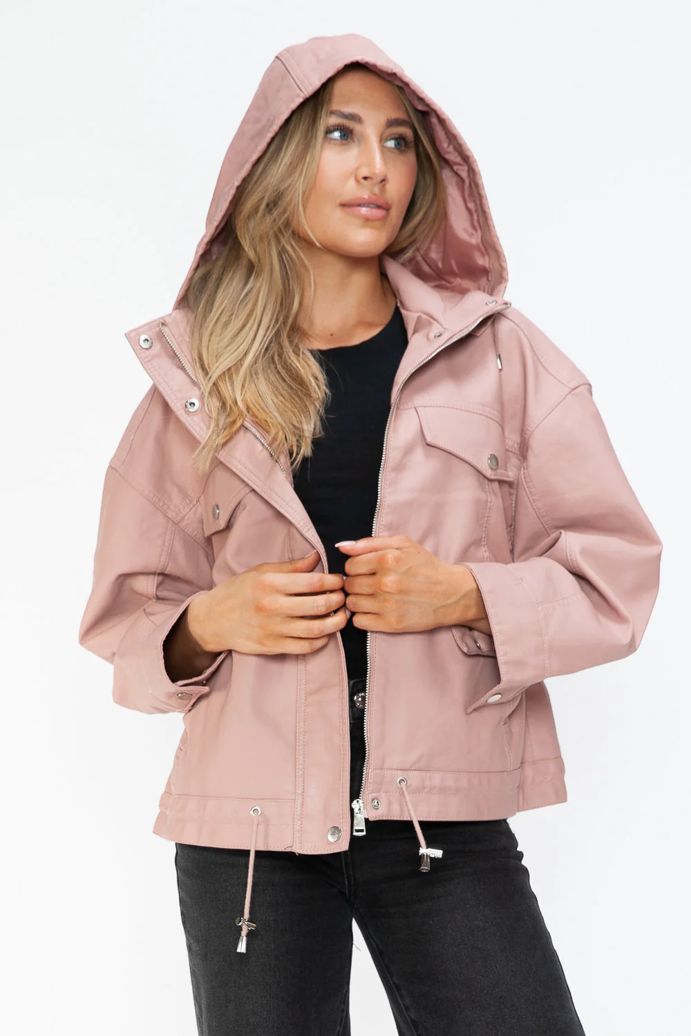 How Dare U Drawstring Hem PU Leather Zip Up Jacket - Image 15