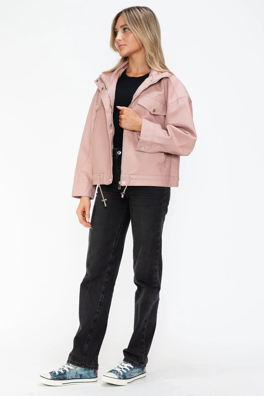 How Dare U Drawstring Hem PU Leather Zip Up Jacket - Image 16