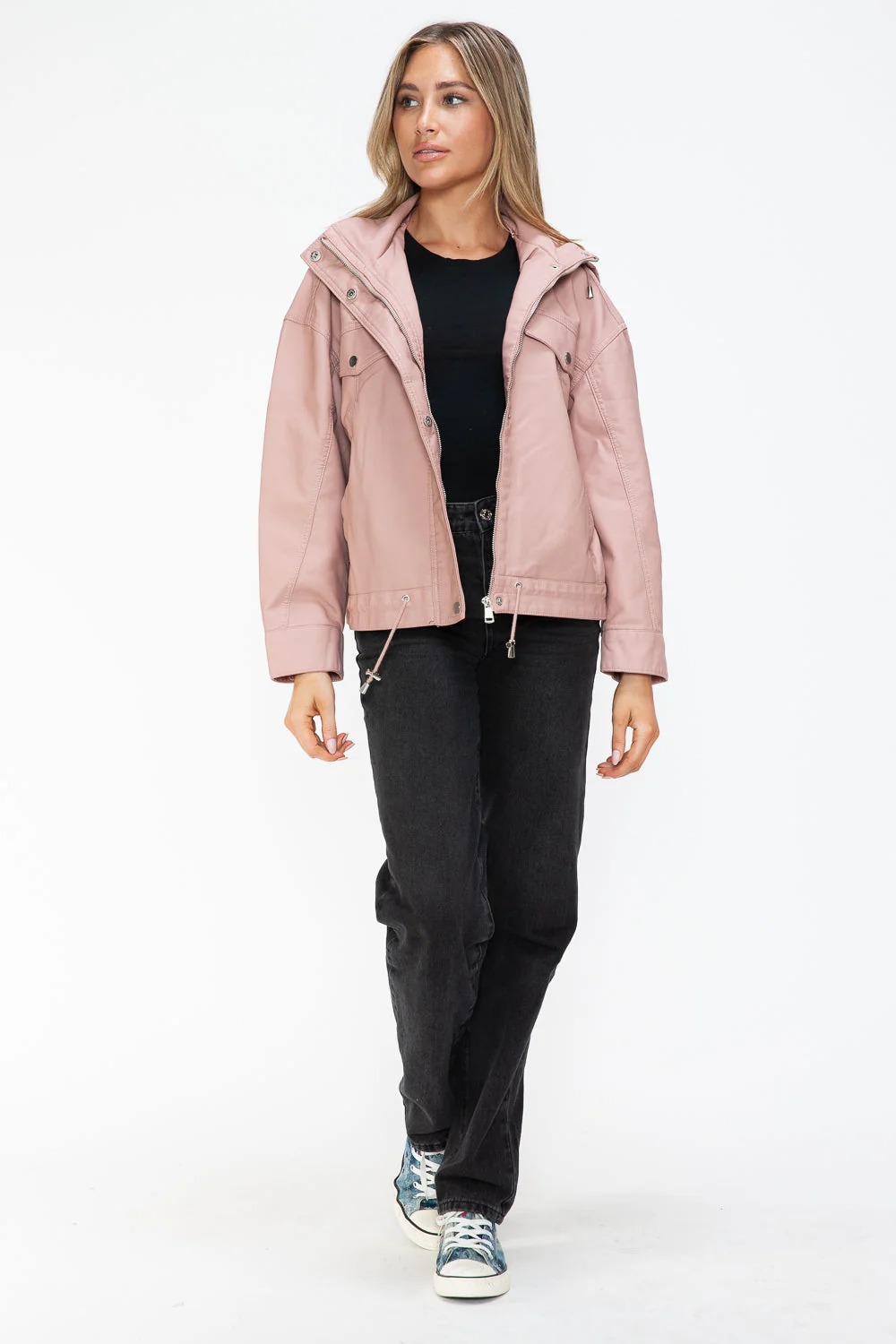 How Dare U Drawstring Hem PU Leather Zip Up Jacket - Image 17