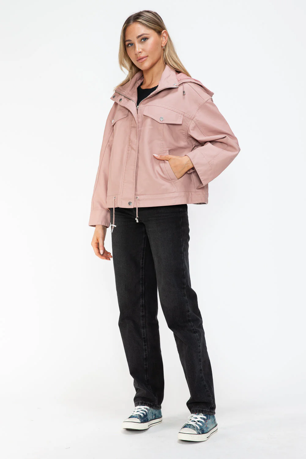 How Dare U Drawstring Hem PU Leather Zip Up Jacket - Image 18