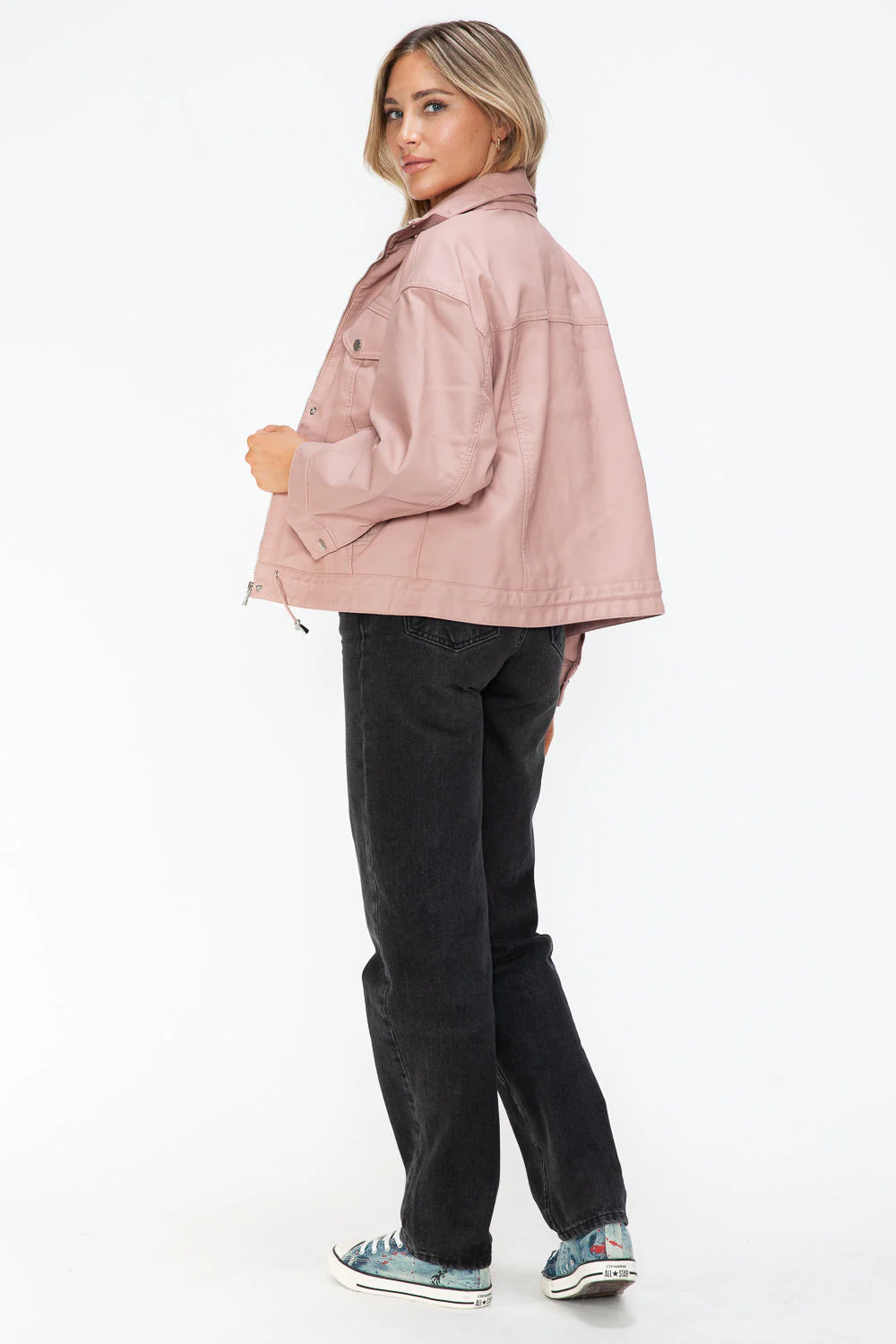 How Dare U Drawstring Hem PU Leather Zip Up Jacket - Image 19