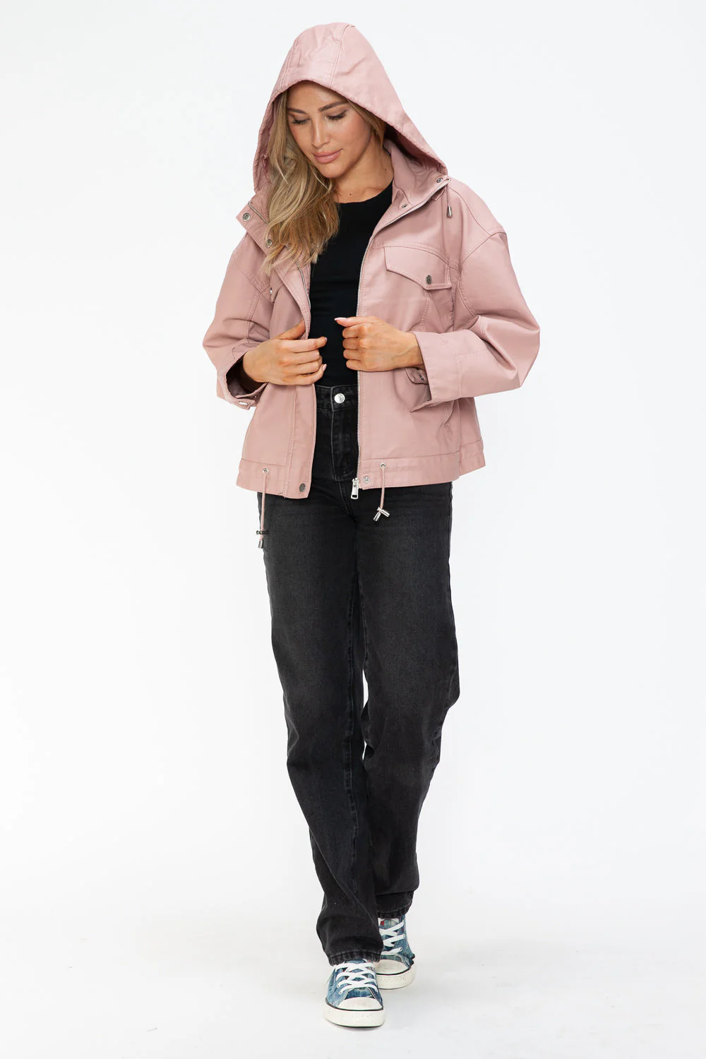 How Dare U Drawstring Hem PU Leather Zip Up Jacket - Image 20