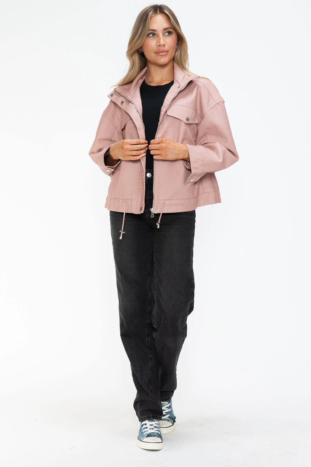 How Dare U Drawstring Hem PU Leather Zip Up Jacket - Image 21