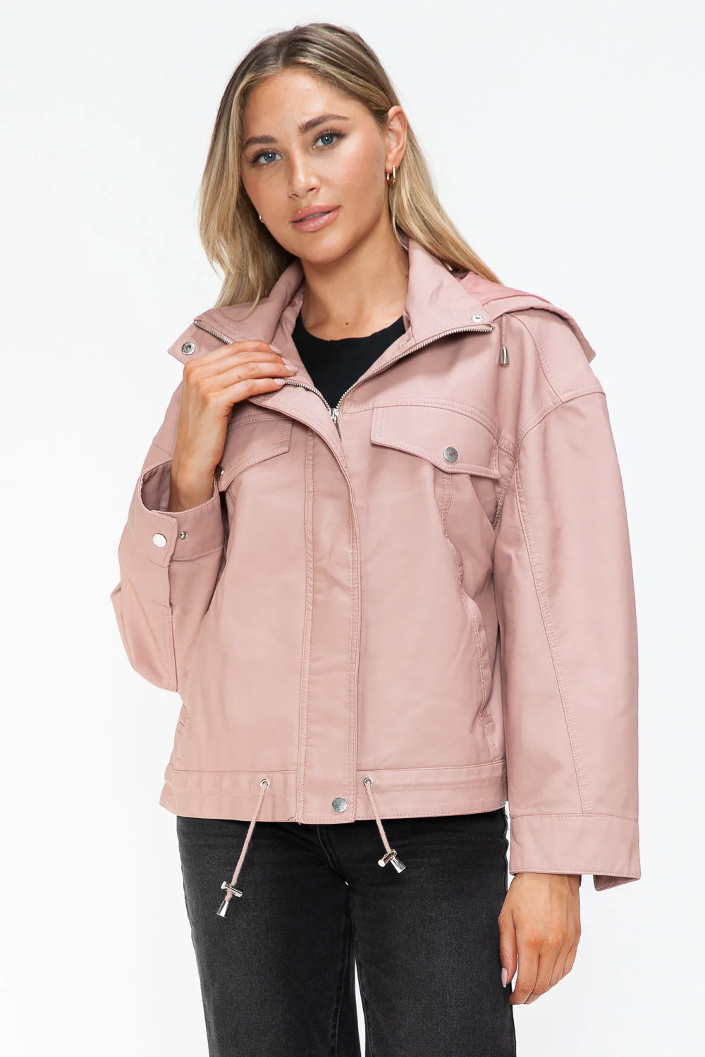 How Dare U Drawstring Hem PU Leather Zip Up Jacket - Image 3