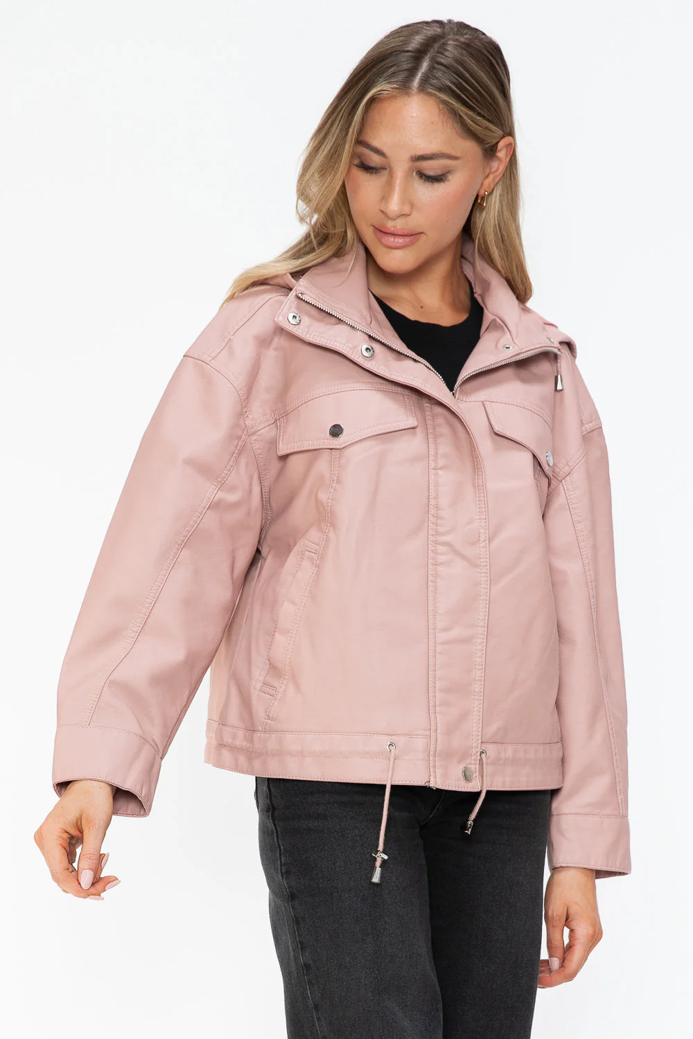 How Dare U Drawstring Hem PU Leather Zip Up Jacket - Image 4