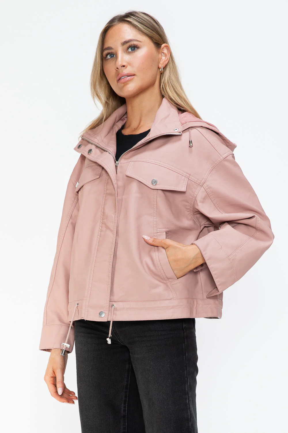 How Dare U Drawstring Hem PU Leather Zip Up Jacket - Image 5