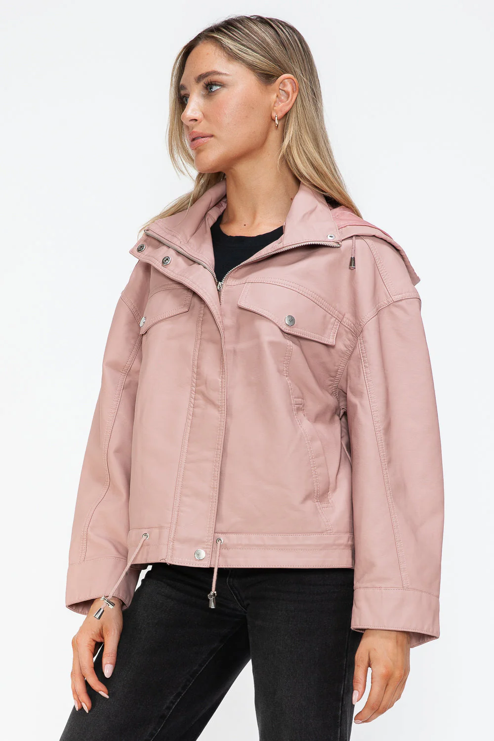 How Dare U Drawstring Hem PU Leather Zip Up Jacket - Image 6