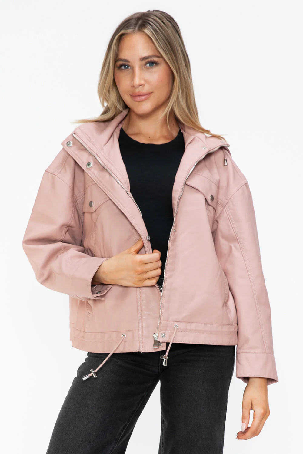 How Dare U Drawstring Hem PU Leather Zip Up Jacket - Image 7