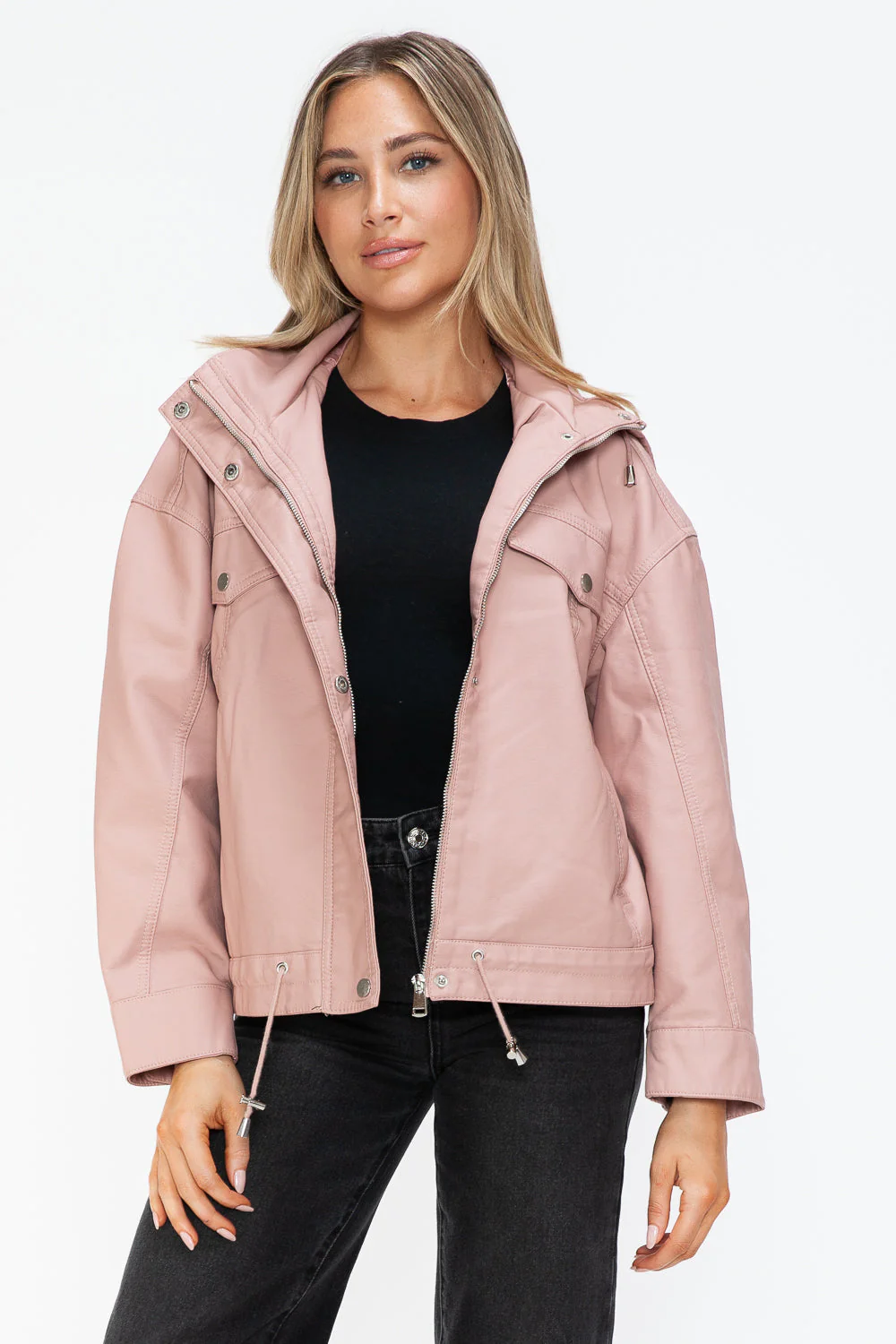 How Dare U Drawstring Hem PU Leather Zip Up Jacket - Image 8